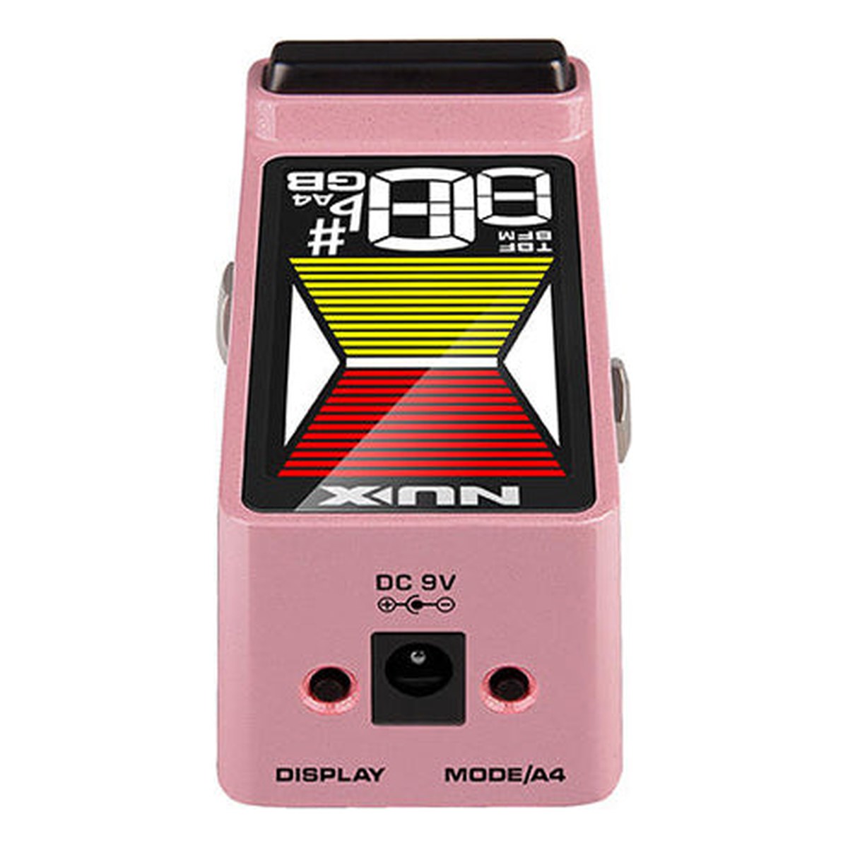 Pedal Tuner NUX Flow Tune MKII NTU-3 màu Pink – Đầu pedal màu Pink: jack nguồn DC 9V, nút DISPLAY và MODE/A4