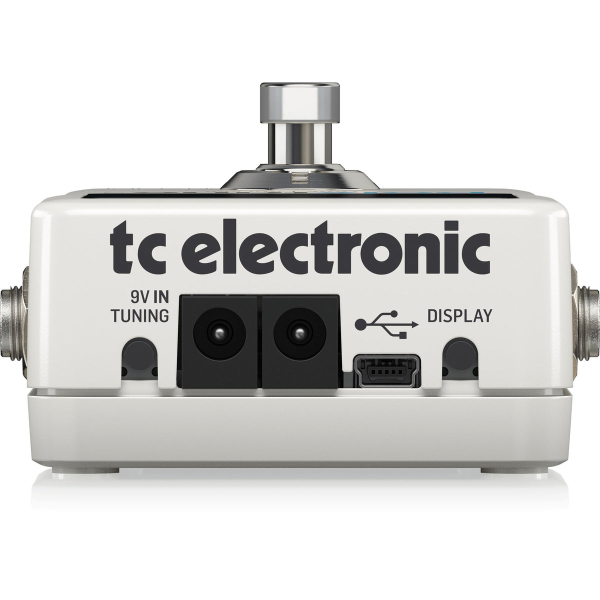Pedal Tuner TC Electronic PolyTune 3 – đầu sau với cổng 9V IN, nguồn ra TUNING, mini USB, DISPLAY