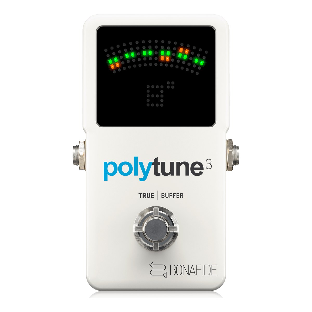 TC Electronic PolyTune 3 nhìn chính diện: màn LED dò dây, chữ TRUE | BUFFER và footswitch