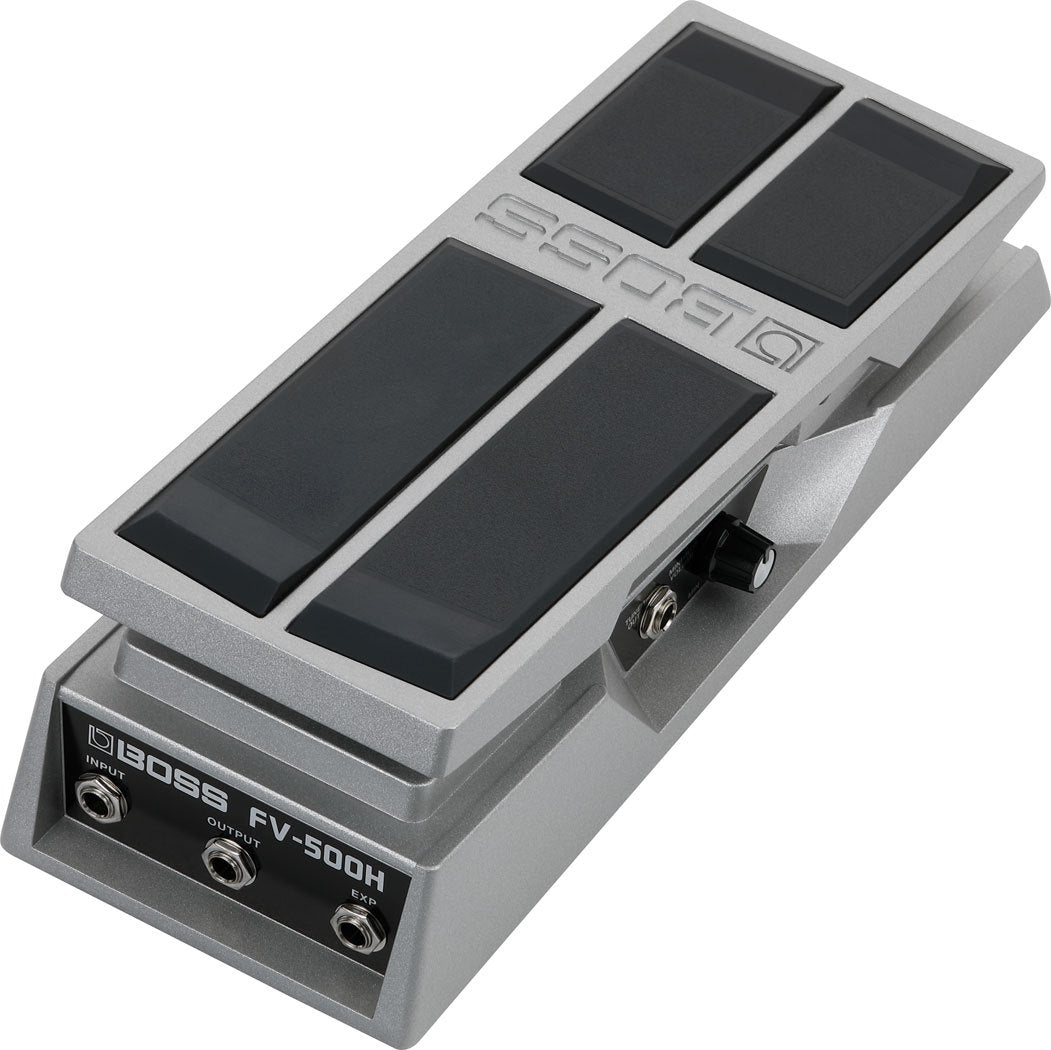 Pedal Volume BOSS FV-500H Trở Kháng Cao – ảnh chính hãng góc 3/4, bàn đạp nhôm đúc và 3 jack INPUT, OUTPUT, EXP