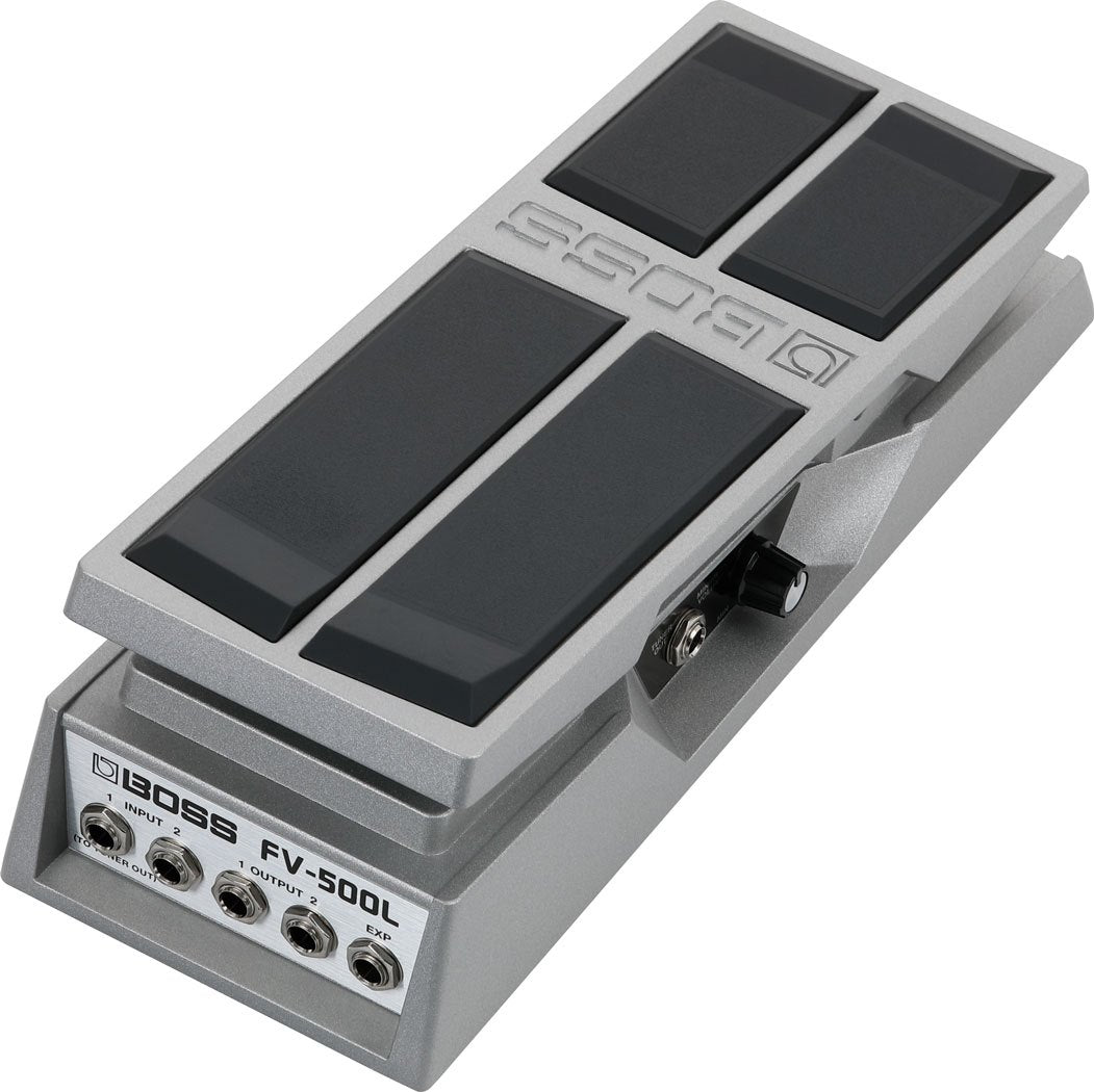 Pedal Volume BOSS FV-500L Stereo Trở Kháng Thấp – ảnh chính hãng góc 3/4, mặt trước 5 jack INPUT 1/2, OUTPUT 1/2 và EXP