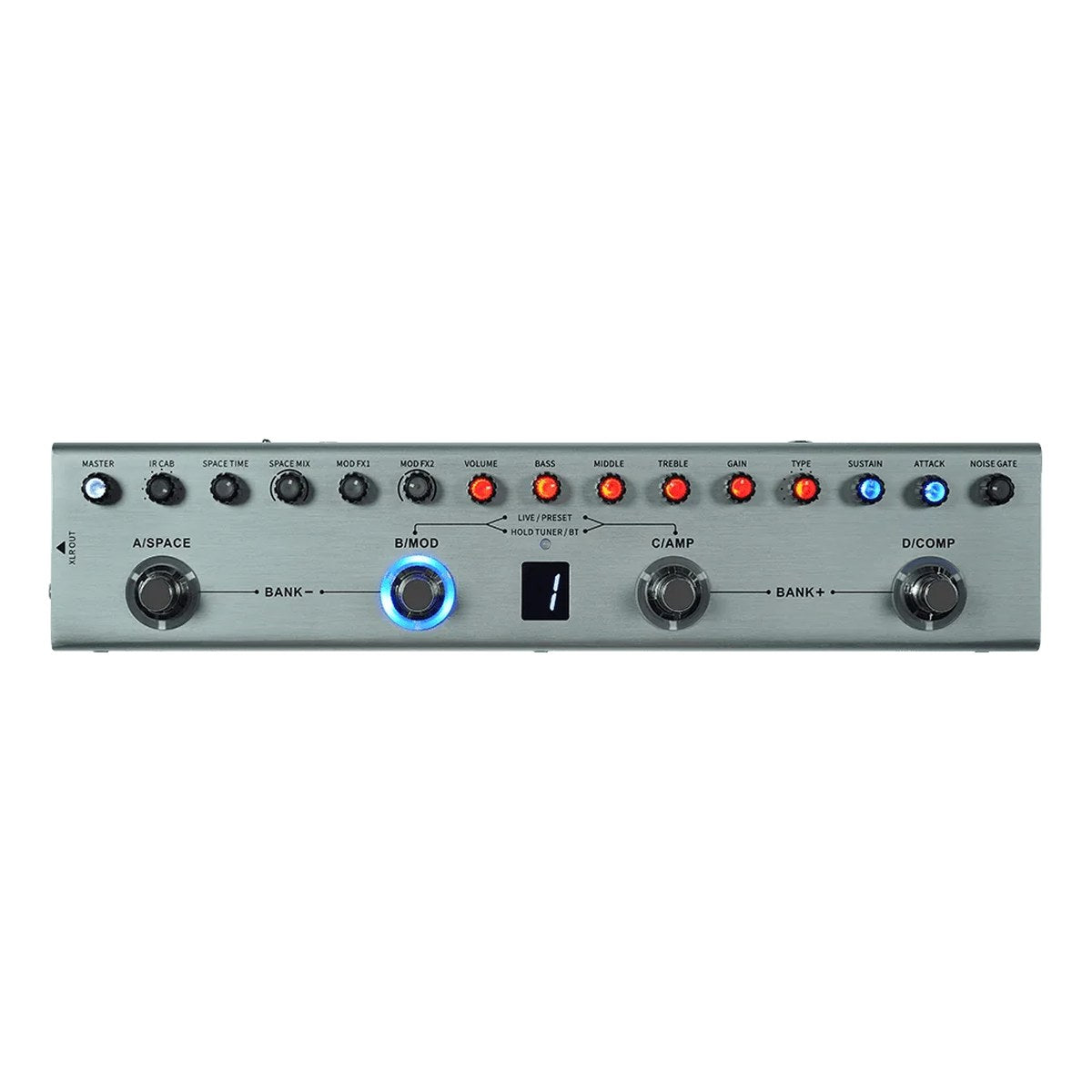 Phơ Bass M-Vave Tank-B – mặt trên: hàng núm chỉnh, màn hình bank và 4 footswitch A-Space, B-Mod, C-Amp, D-Comp
