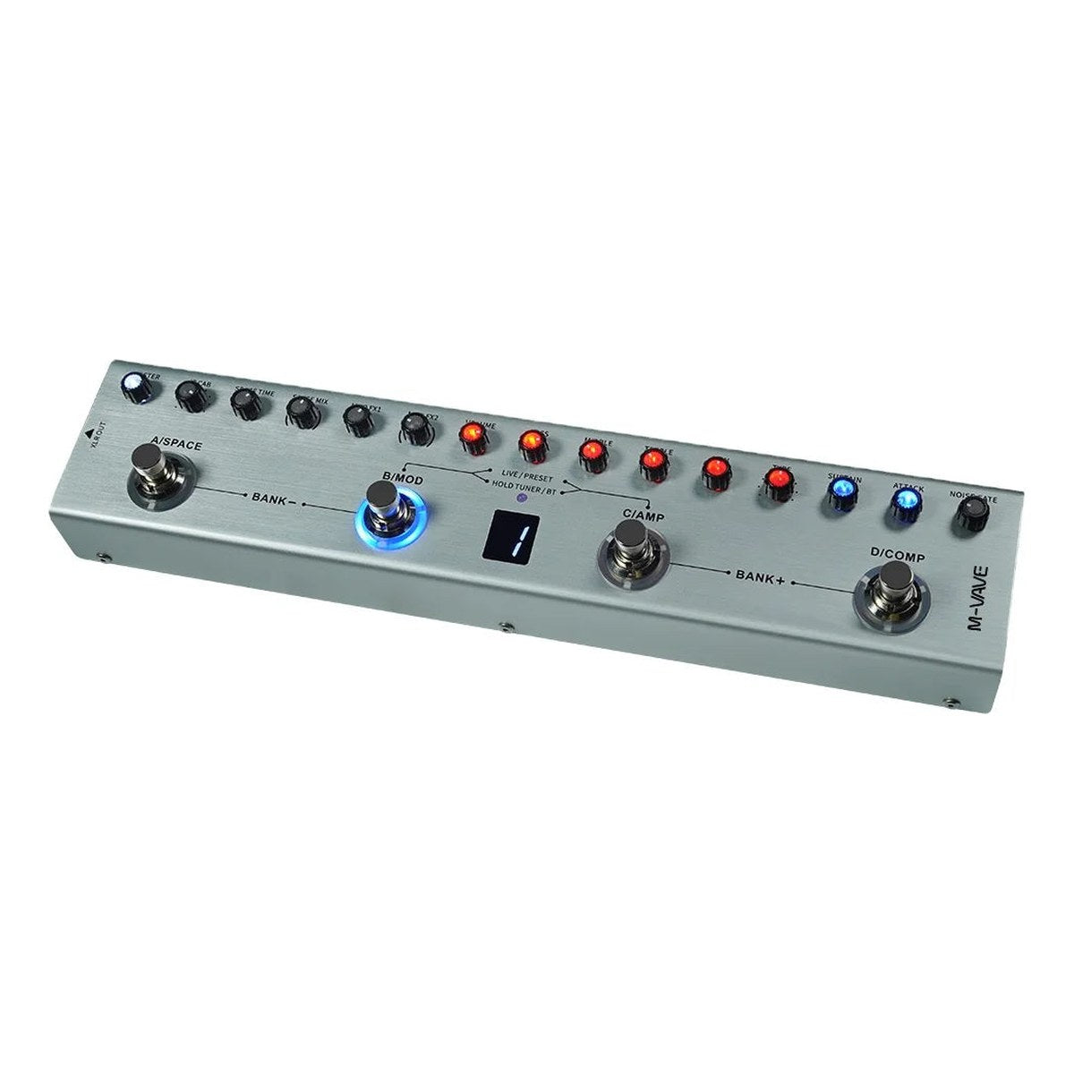 Phơ Bass M-Vave Tank-B – góc nghiêng trái thân máy màu bạc