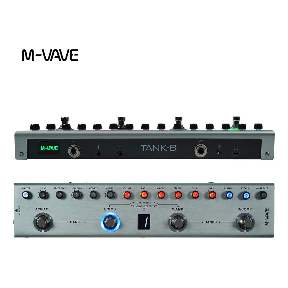 Phơ Bass M-Vave Tank-B – cạnh sau với các cổng IN, OUT, tai nghe, USB-C và mặt trên