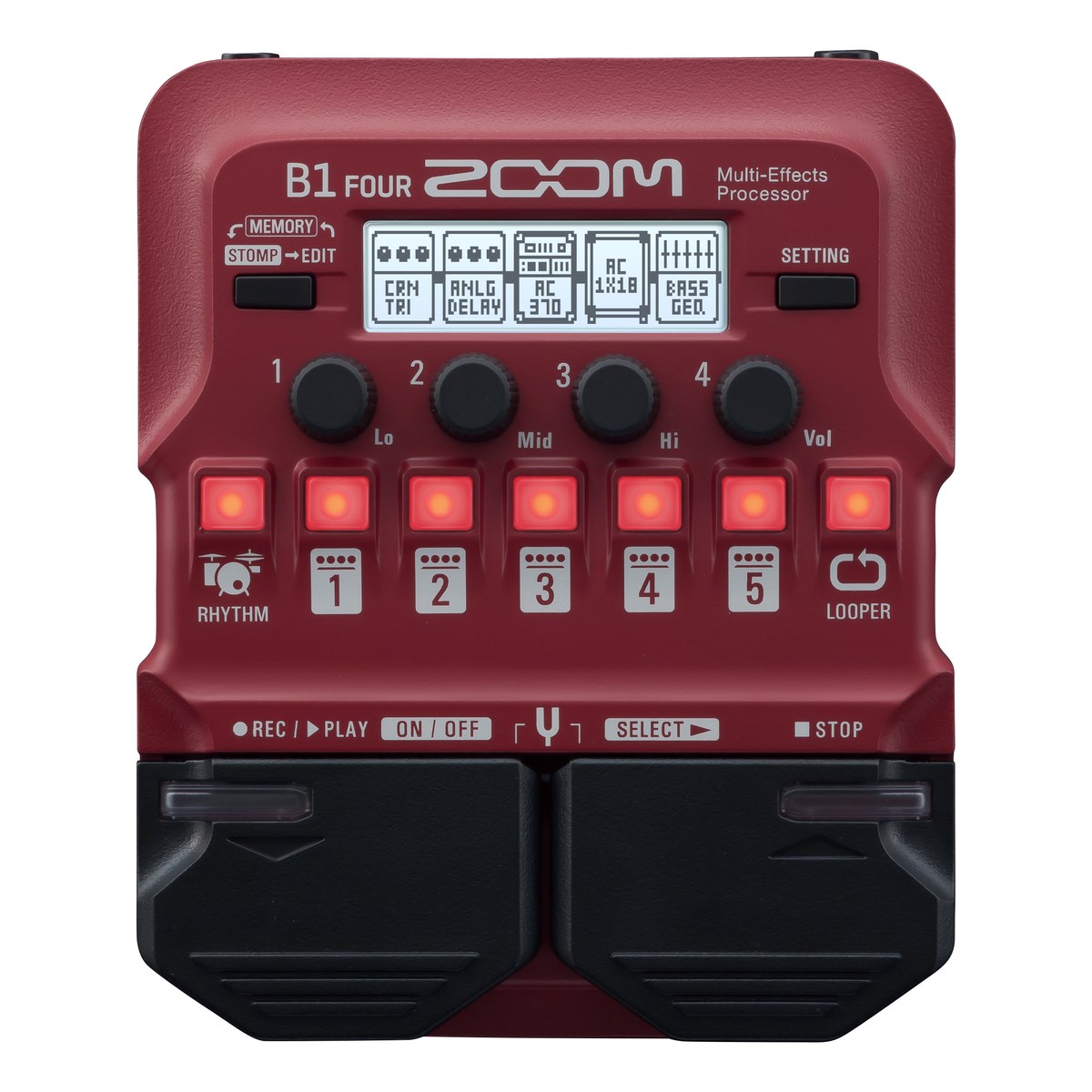 Phơ Bass Zoom B1 FOUR – mặt trên: màn hình, 4 núm Lo/Mid/Hi/Vol, nút hiệu ứng 1–5, RHYTHM, LOOPER và 2 footswitch
