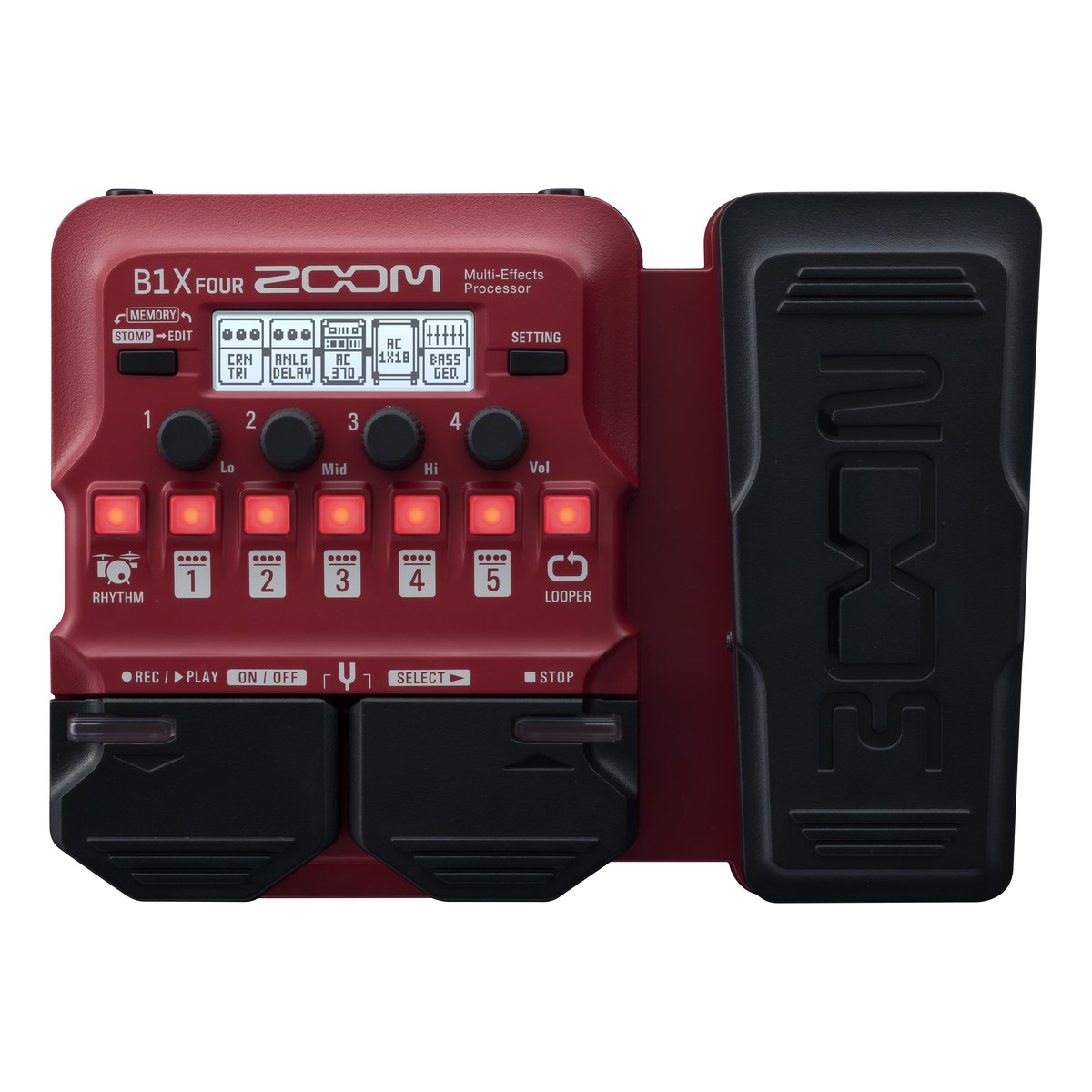 Phơ Bass Zoom B1X FOUR – mặt trên: màn hình, 4 núm, nút hiệu ứng, 2 footswitch và pedal expression