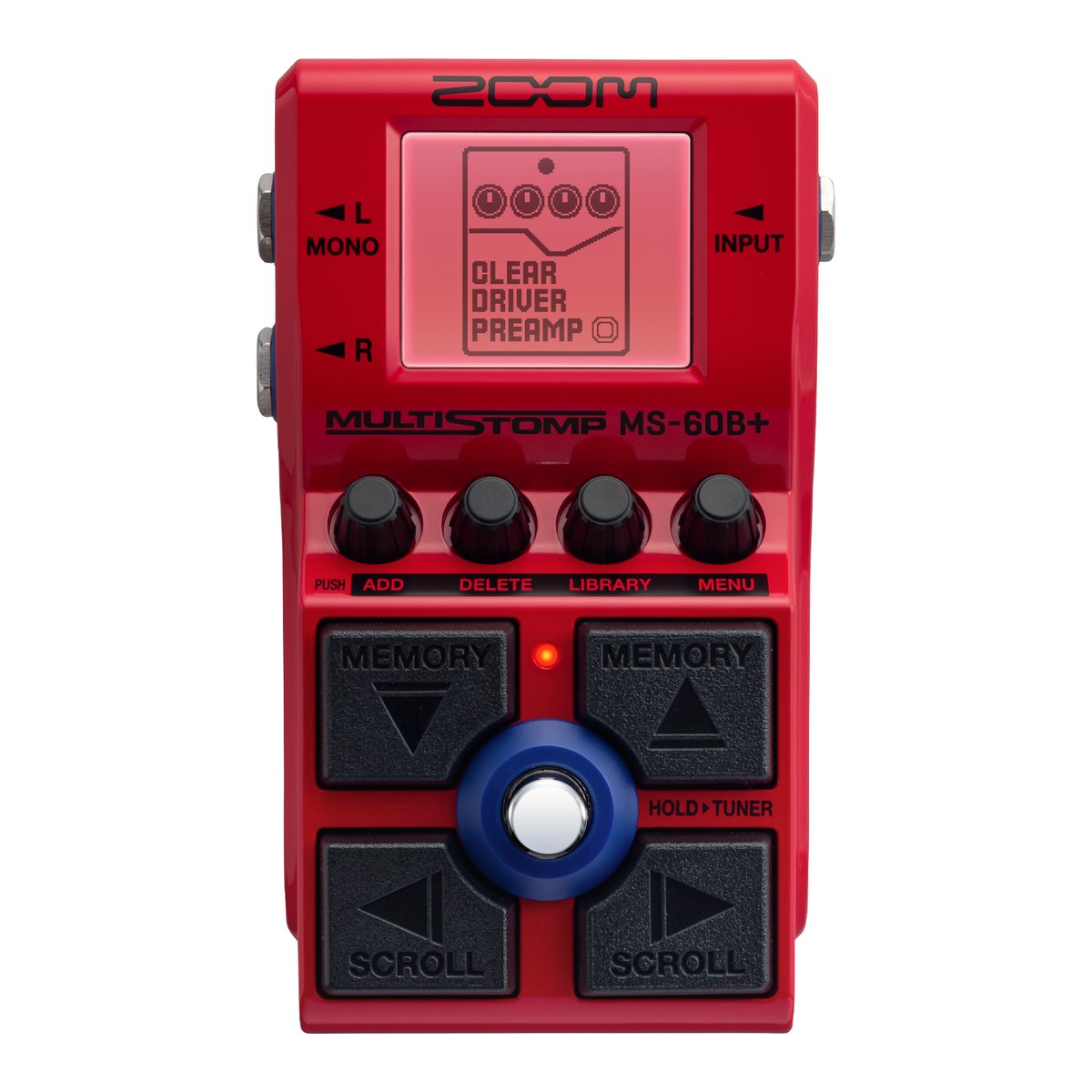 Phơ Bass Zoom MS-60B+ MultiStomp – mặt trên màu đỏ với màn hình, 4 núm và footswitch