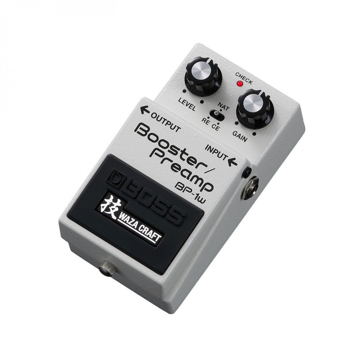 Phơ Boost BOSS BP-1W Booster/Preamp Waza Craft – góc nghiêng 3/4 bên trái, logo Waza Craft trên bàn đạp