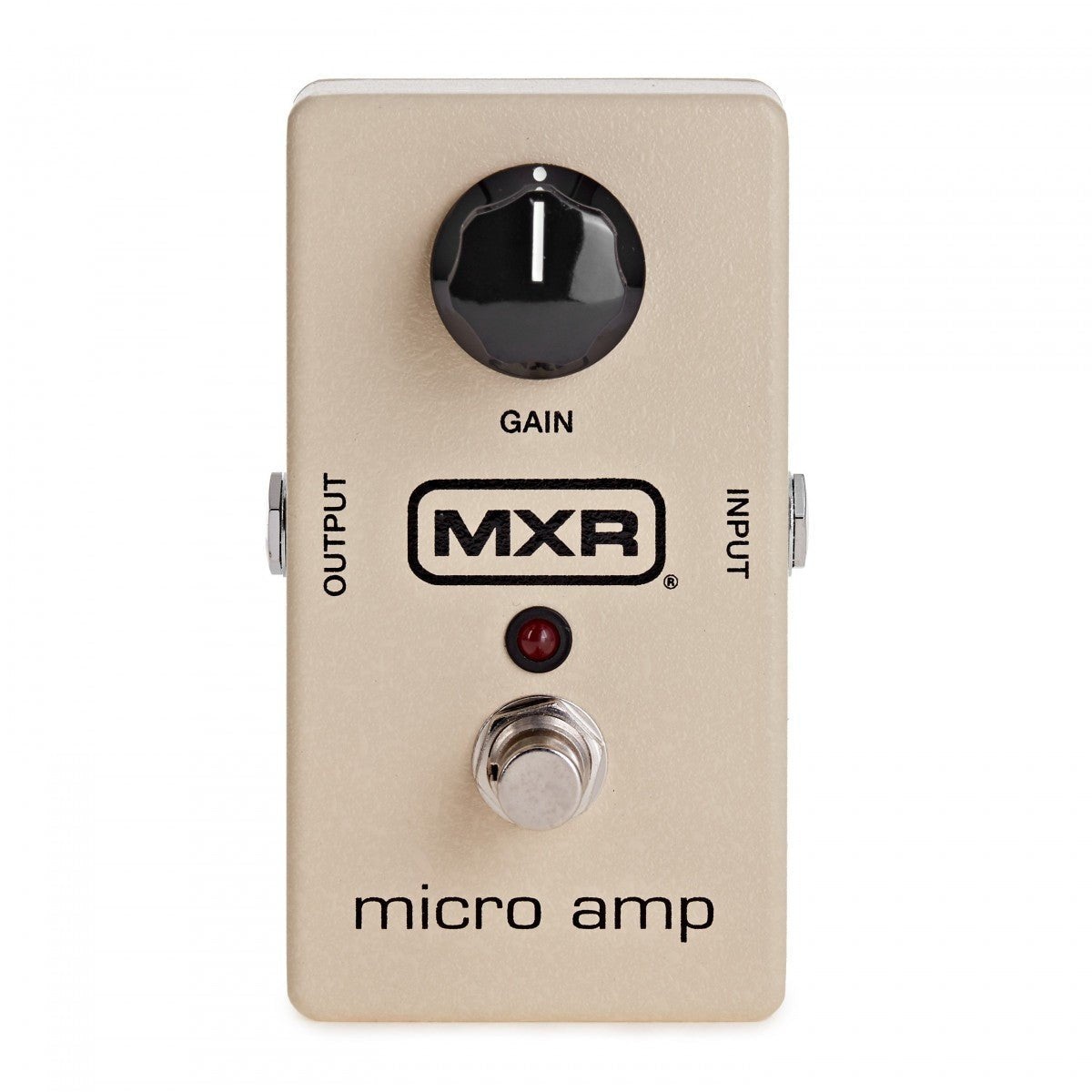 Phơ Boost MXR M133 Micro Amp – mặt trên với núm GAIN, đèn LED và công tắc bàn đạp