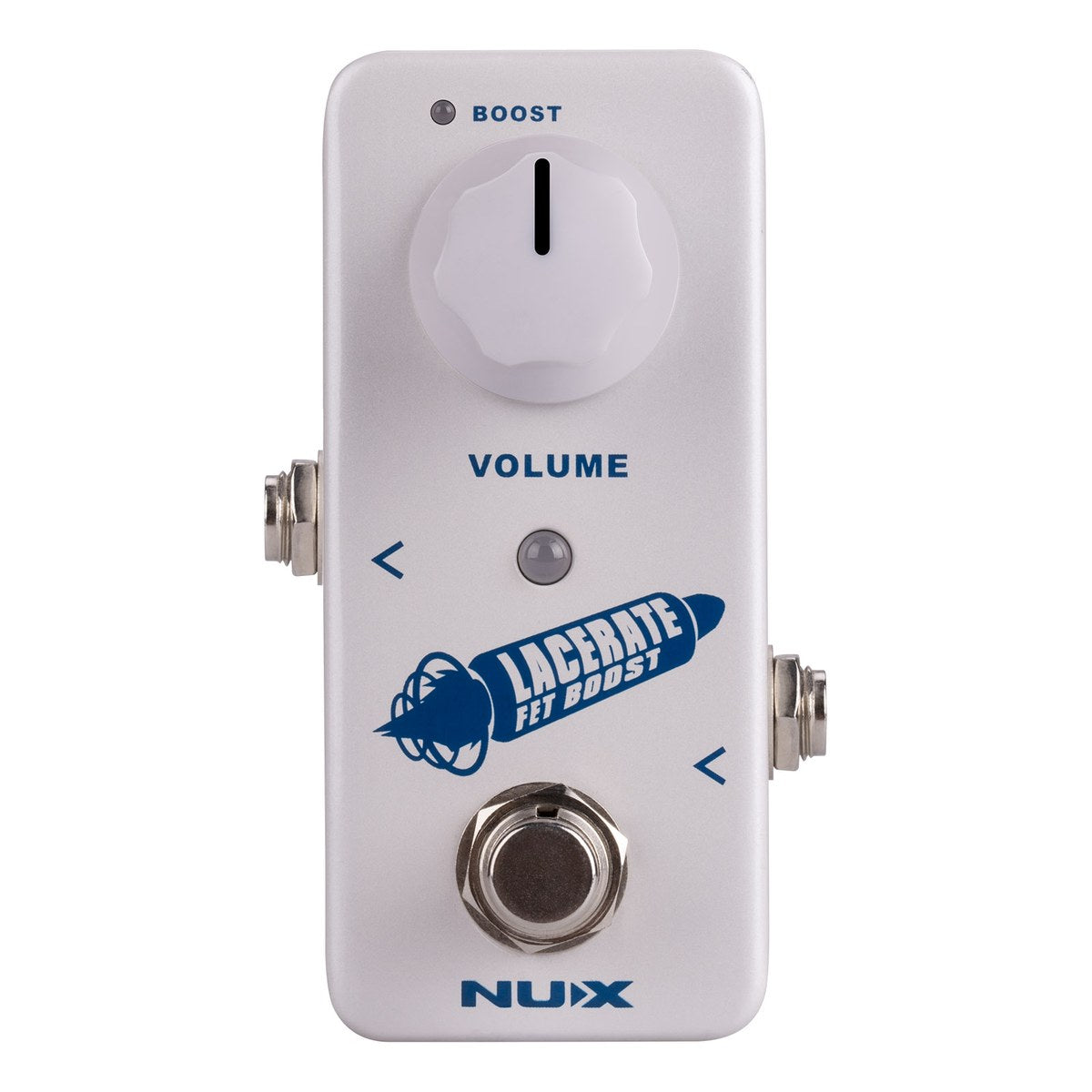 chính diện NUX NFB-2 Lacerate với núm VOLUME, đèn BOOST và logo tên lửa LACERATE FET BOOST