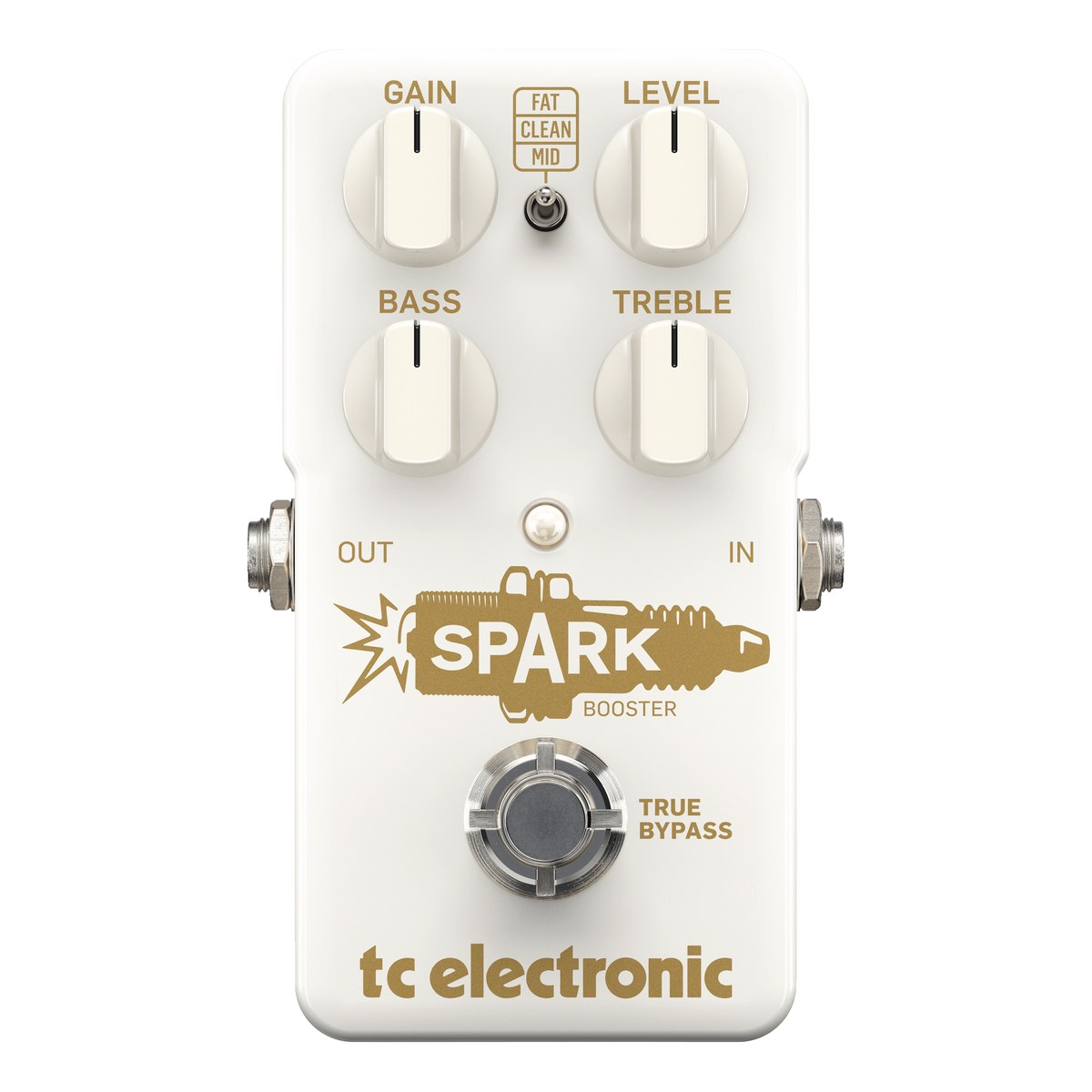 TC Electronic Spark Booster nhìn chính diện: bốn núm GAIN, LEVEL, BASS, TREBLE, công tắc FAT/CLEAN/MID và footswitch true bypass