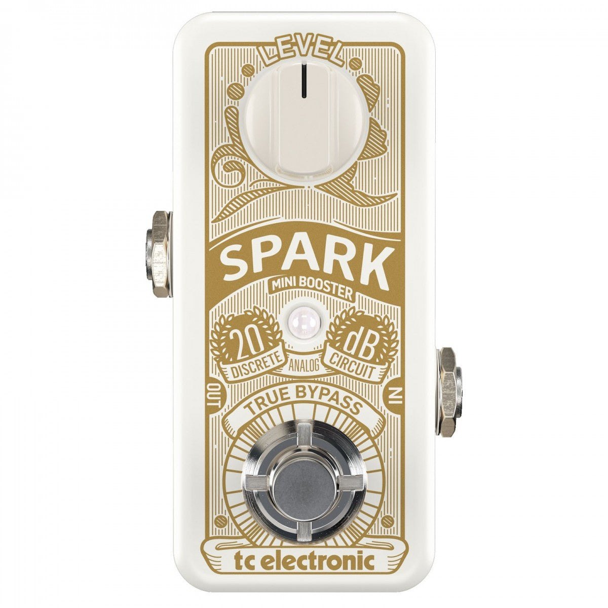 Phơ Boost TC Electronic Spark Mini Booster – mặt trên với núm LEVEL, mạch analog 20 dB, true bypass