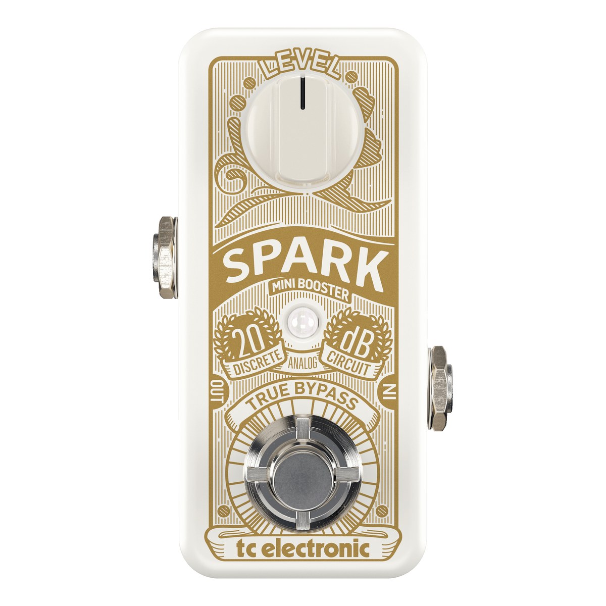 TC Electronic Spark Mini Booster nhìn chính diện mặt trên: núm LEVEL, đèn LED và footswitch true bypass, vỏ trắng hoạ tiết vàng