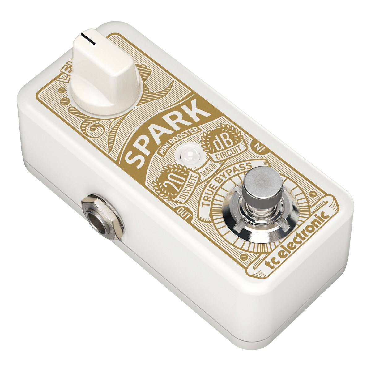 TC Electronic Spark Mini Booster nhìn nghiêng từ bên trái, thấy jack OUT