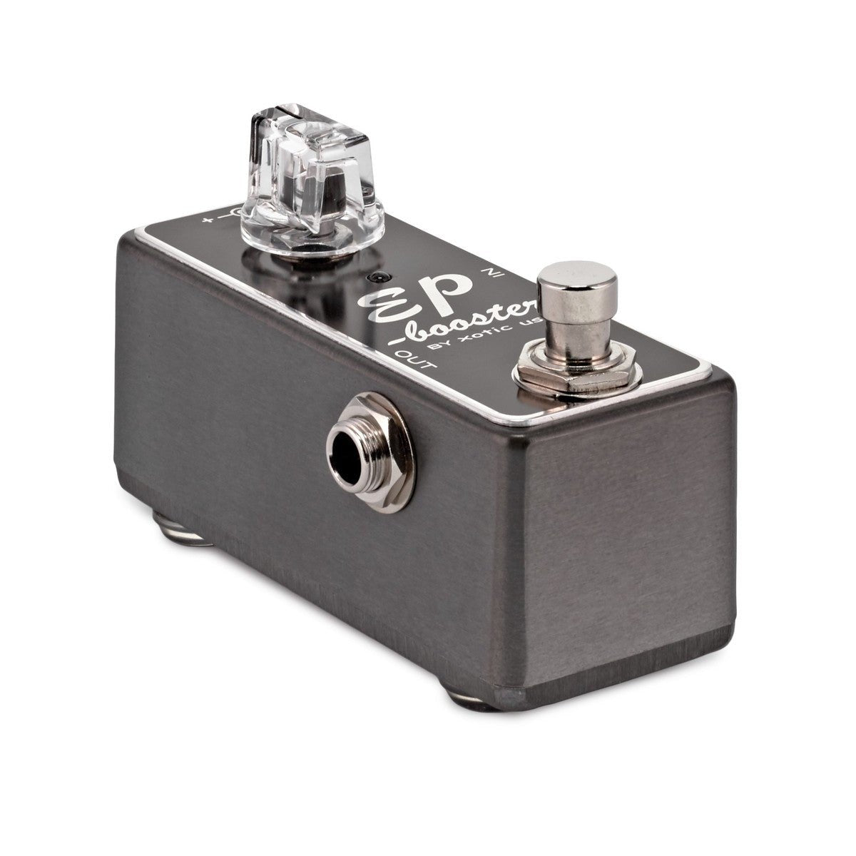 Phơ Boost Xotic EP Booster – cạnh trái với jack OUT, vỏ màu xám đậm