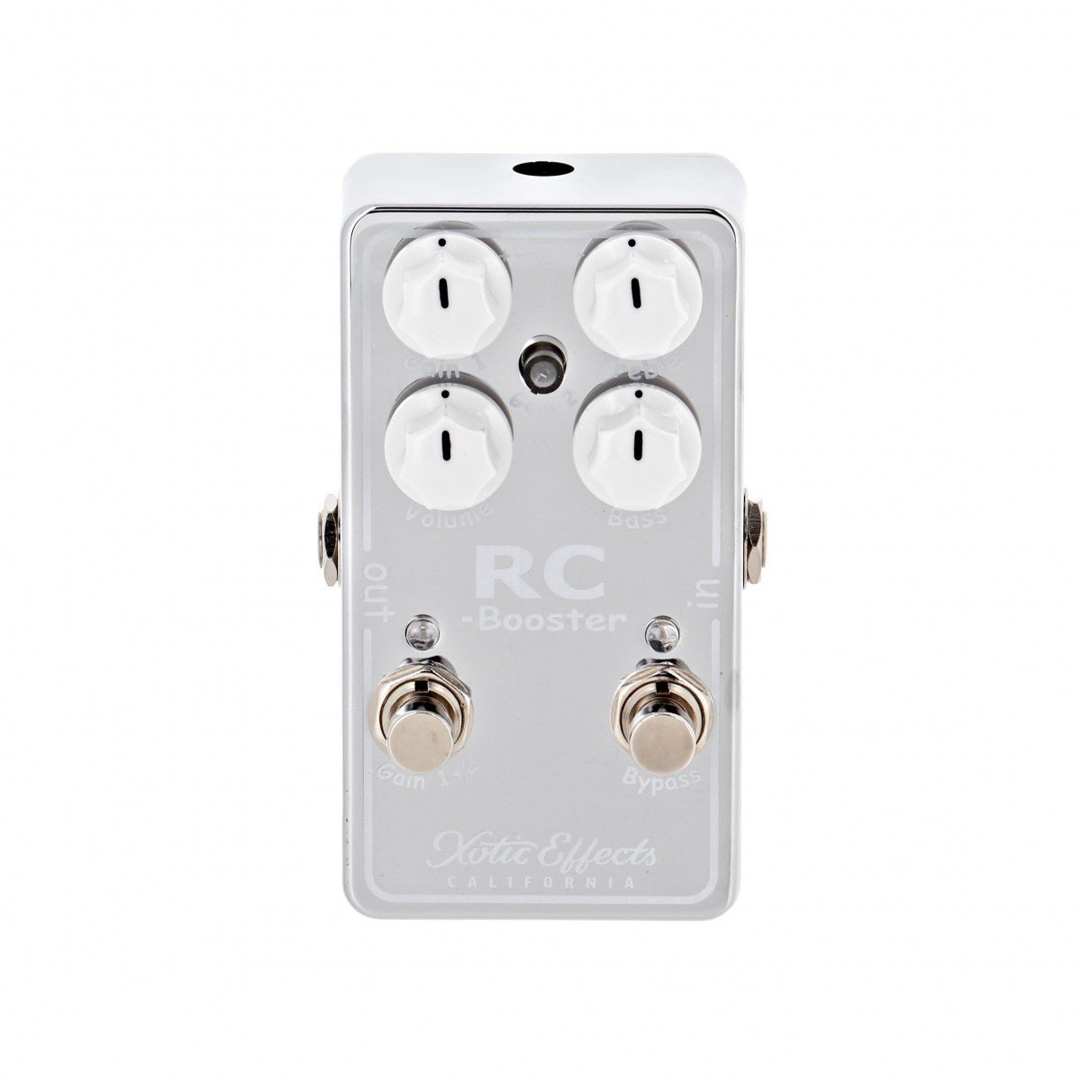 Phơ Boost Xotic RC Booster V2 – mặt trên với núm Volume, Gain, Treble, Bass, Gain 2 và 2 footswitch