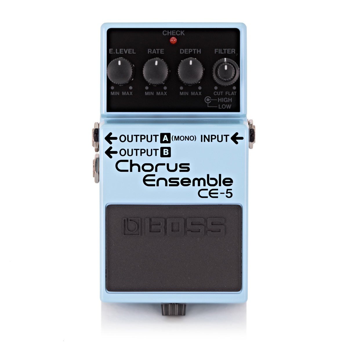 Phơ Chorus BOSS CE-5 Chorus Ensemble – mặt trên với 4 núm E.LEVEL, RATE, DEPTH và FILTER HIGH/LOW
