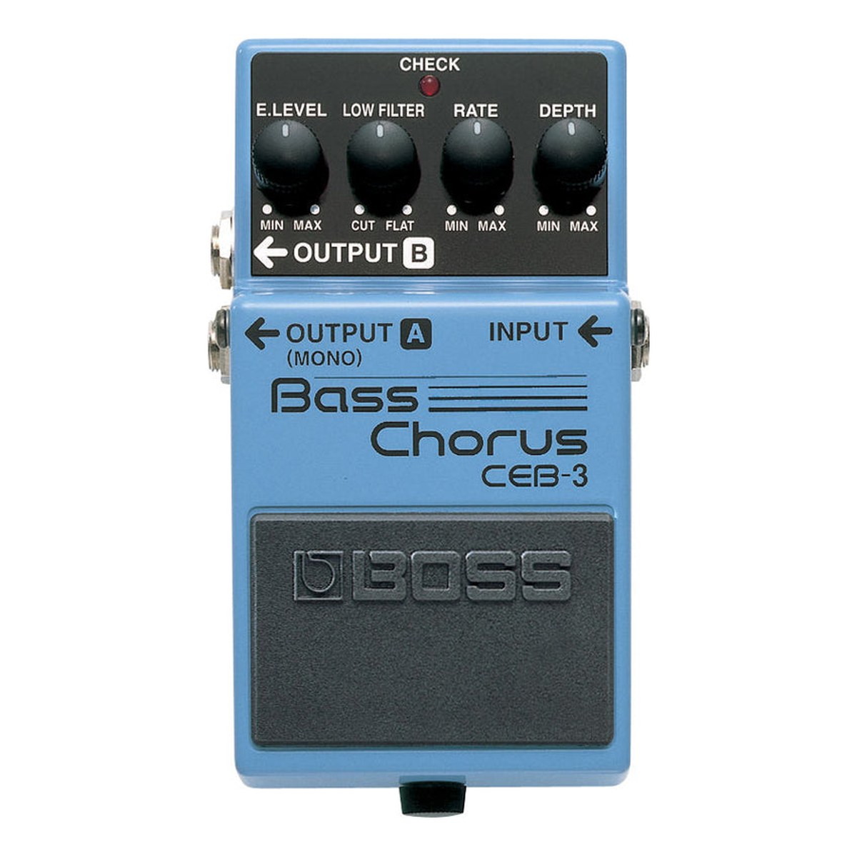 Phơ Chorus BOSS CEB-3 Bass Chorus – mặt trên Boss CEB-3 với núm E.LEVEL, LOW FILTER, RATE, DEPTH