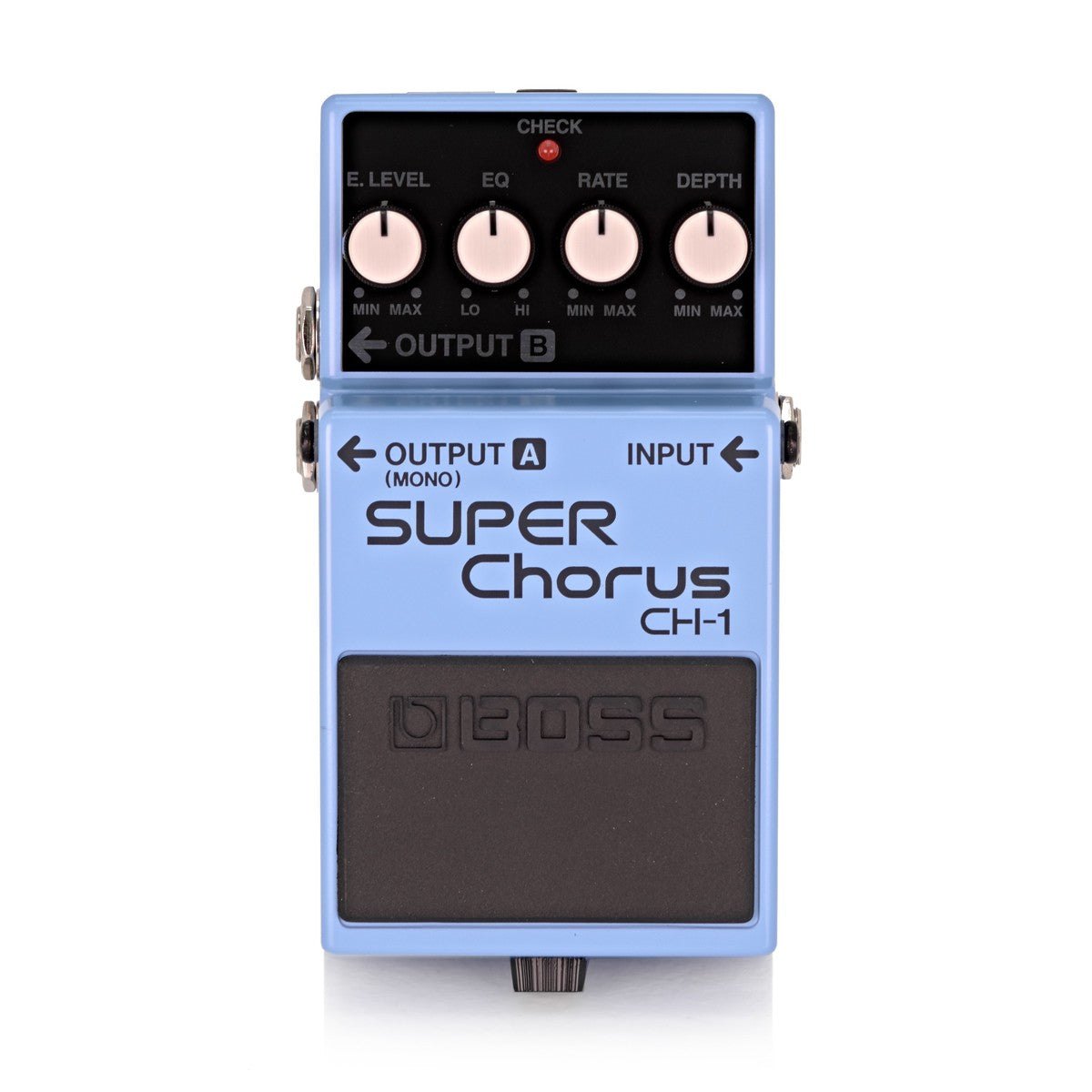 Phơ Chorus BOSS CH-1 Super Chorus – mặt trên với 4 núm E.LEVEL, EQ, RATE, DEPTH và đèn CHECK