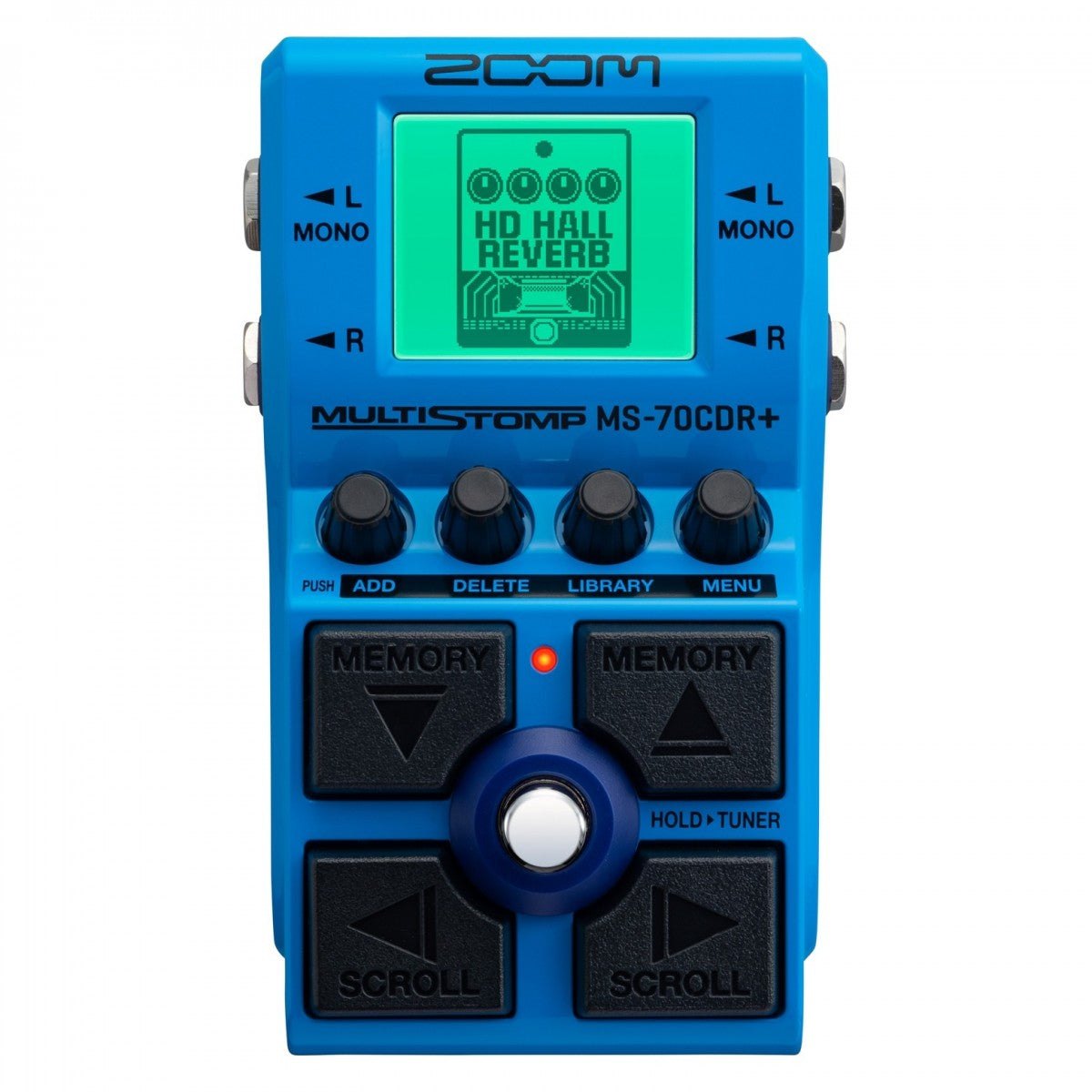 Phơ Chorus Delay Reverb Zoom MS-70CDR+ – mặt trên với màn hình LCD, 4 núm và 4 phím Cross Key MEMORY/SCROLL