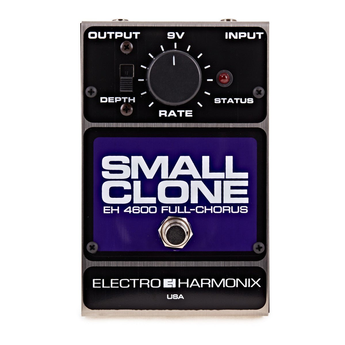 Phơ Chorus Electro-Harmonix Small Clone – mặt trên với núm RATE, công tắc DEPTH và đèn STATUS
