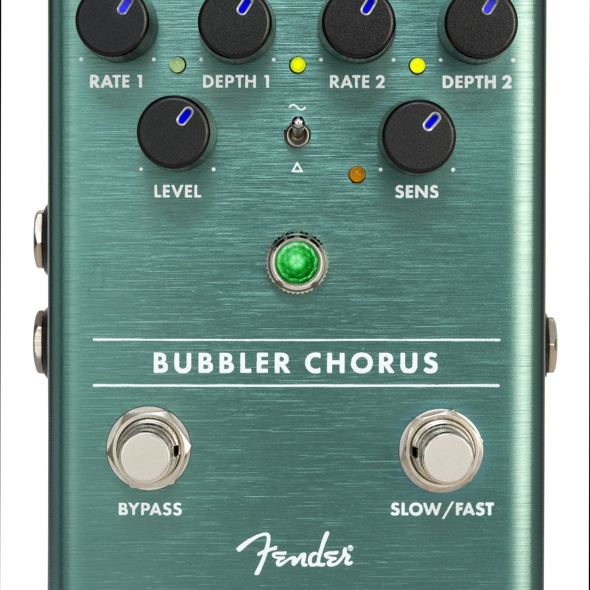 Phơ Chorus Fender Bubbler Analog Chorus – mặt trên Bubbler Chorus với núm Rate 1, Depth 1, Rate 2, Depth 2, Level, Sens, công tắc Wave và 2 footswitch