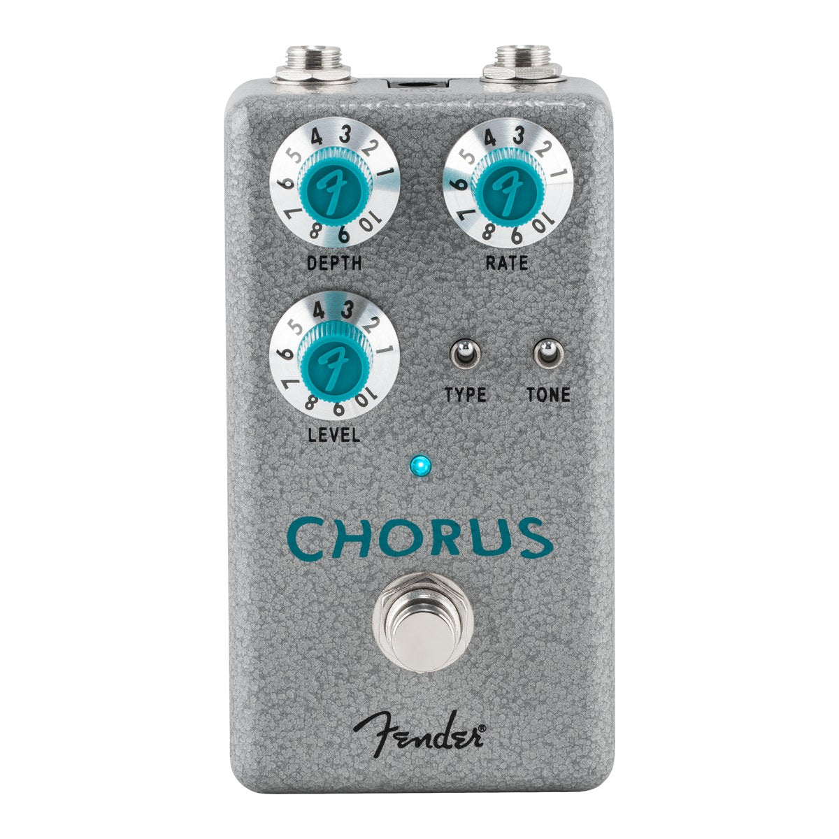 Fender Hammertone Chorus chính diện: vỏ xám vân búa, 3 núm xanh teal DEPTH, RATE, LEVEL, công tắc TYPE và TONE
