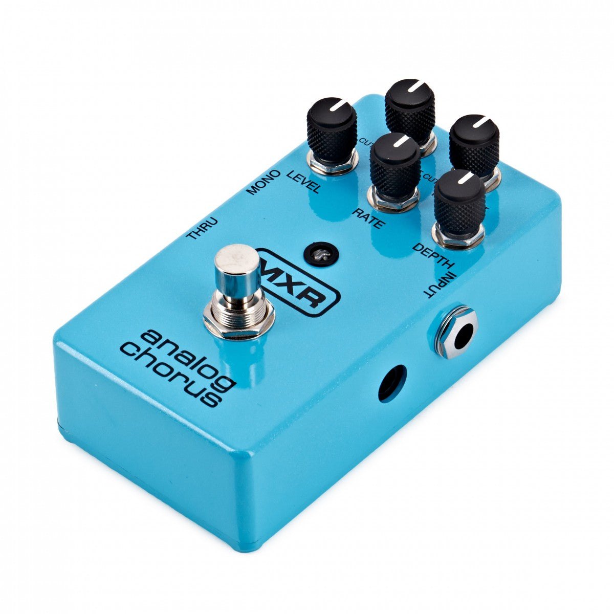 Phơ Chorus MXR M234 Analog Chorus – góc nghiêng 3/4 bên phải với cổng INPUT và jack nguồn DC