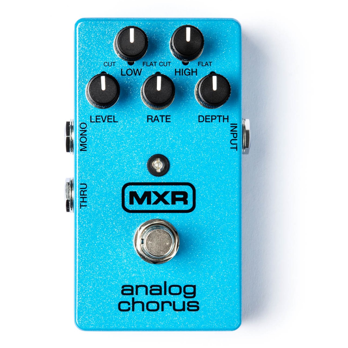chính diện mặt trên MXR M234 Analog Chorus vỏ xanh, 5 núm LOW, HIGH, LEVEL, RATE, DEPTH