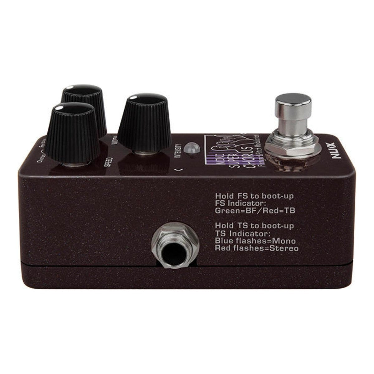 Phơ Chorus NUX Mini SCF NCH-5 – Cạnh Mini SCF có jack và chú thích chọn bypass, mono/stereo