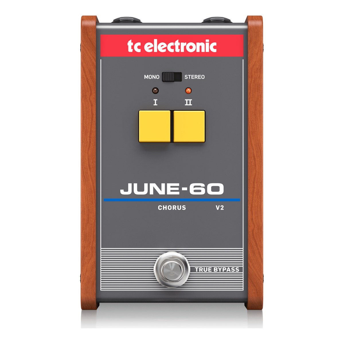 chính diện TC Electronic June-60 V2 với hai nút chorus I và II màu vàng, công tắc MONO/STEREO và hai má gỗ
