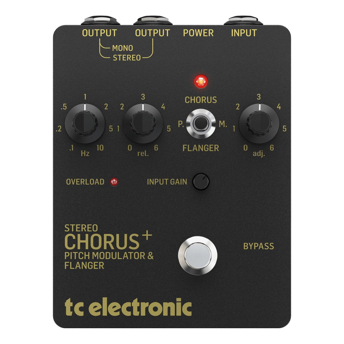 TC Electronic SCF Gold nhìn chính diện mặt trên: núm SPEED, WIDTH, INTENSITY, công tắc CHORUS/P.M./FLANGER, núm INPUT GAIN, đèn OVERLOAD