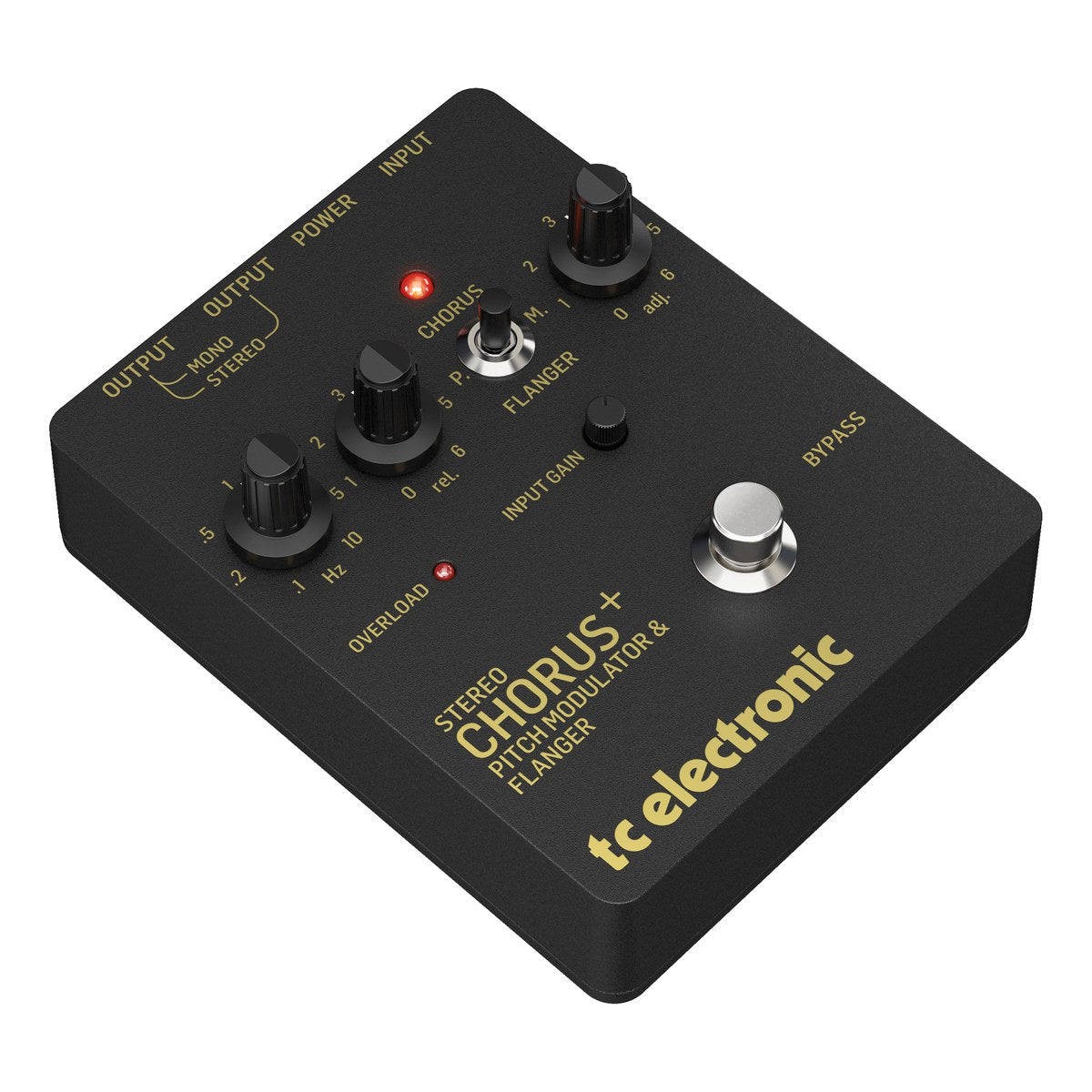 TC Electronic SCF Gold nhìn nghiêng từ bên trái, vỏ đen chữ vàng STEREO CHORUS+ PITCH MODULATOR & FLANGER