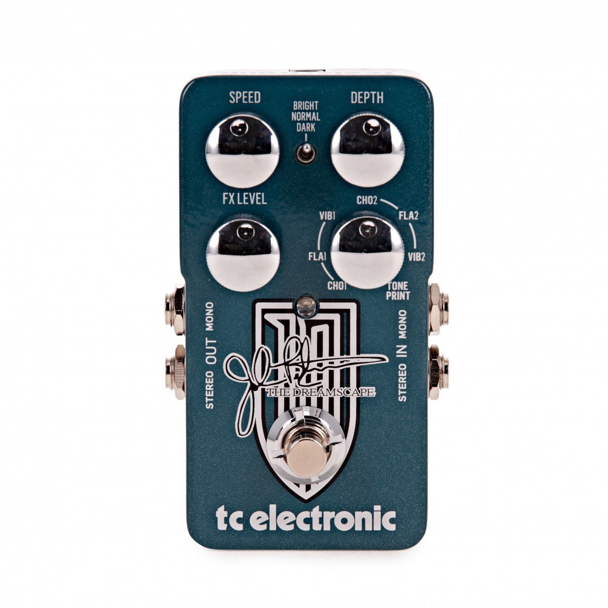 Phơ Chorus TC Electronic The Dreamscape John Petrucci – mặt trên với núm SPEED, DEPTH, FX LEVEL, núm chọn chế độ và gạt Bright/Dark