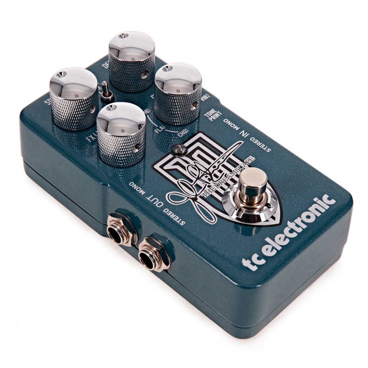 Phơ Chorus TC Electronic The Dreamscape John Petrucci – góc nghiêng phía cặp jack STEREO OUT/MONO, núm xoay mạ chrome