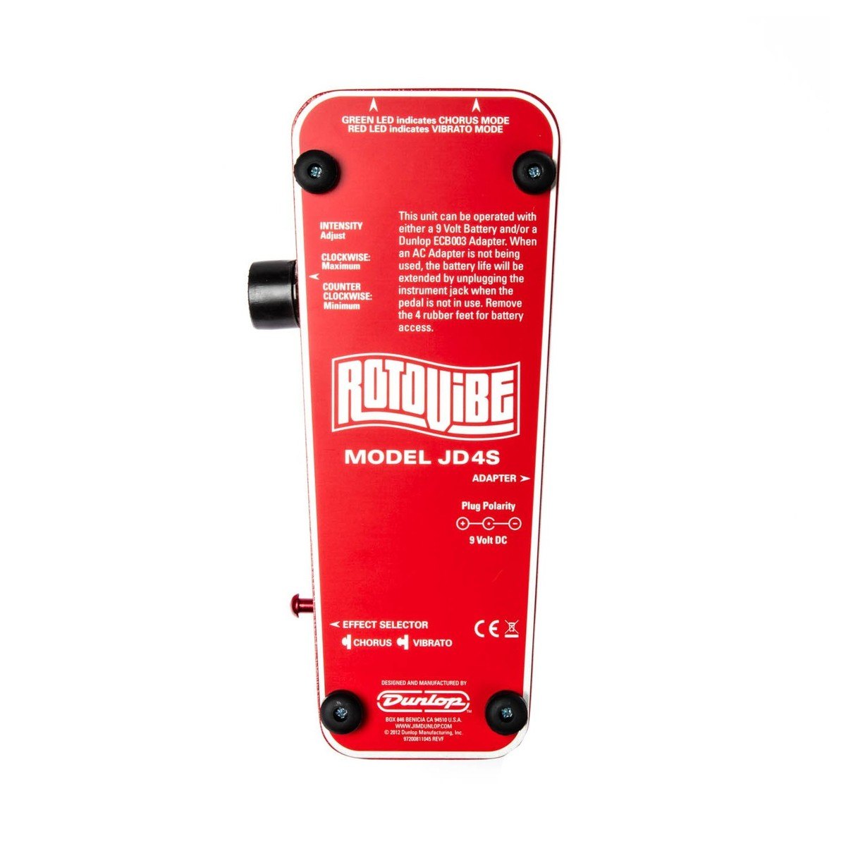 Phơ Chorus Vibrato Dunlop Rotovibe JD4S – mặt đáy đỏ in MODEL JD4S và chú thích đèn LED chế độ