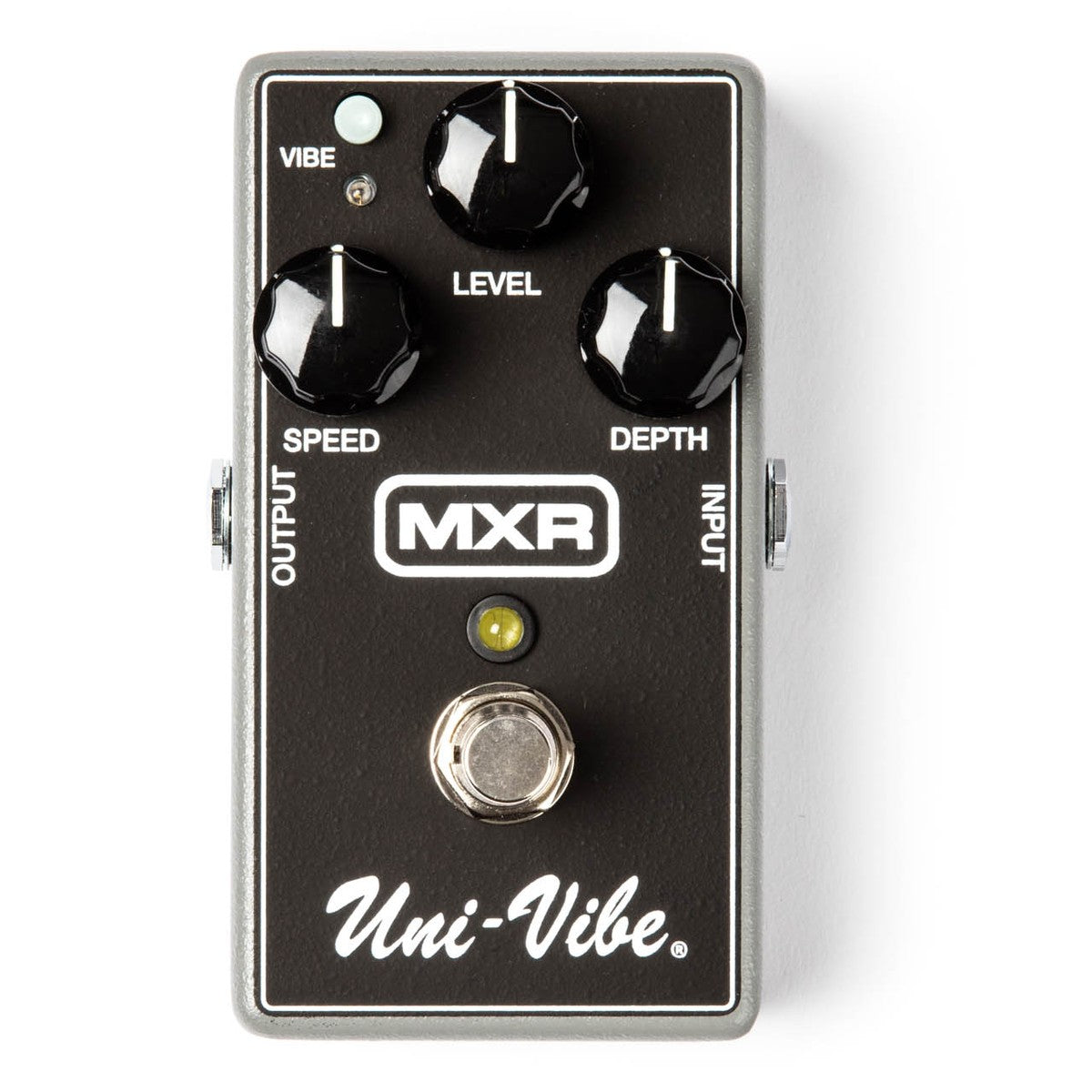 chính diện mặt trên MXR M68 Uni-Vibe mặt đen, 3 núm SPEED, LEVEL, DEPTH và nút VIBE