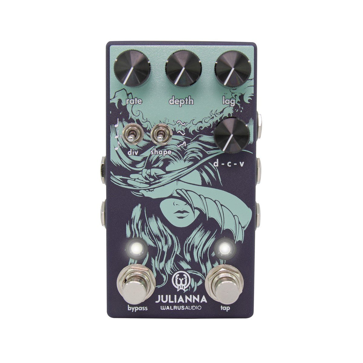 Phơ Chorus Walrus Audio Julianna Deluxe Chorus/Vibrato – mặt trên với núm rate, depth, lag, d-c-v và công tắc div, shape