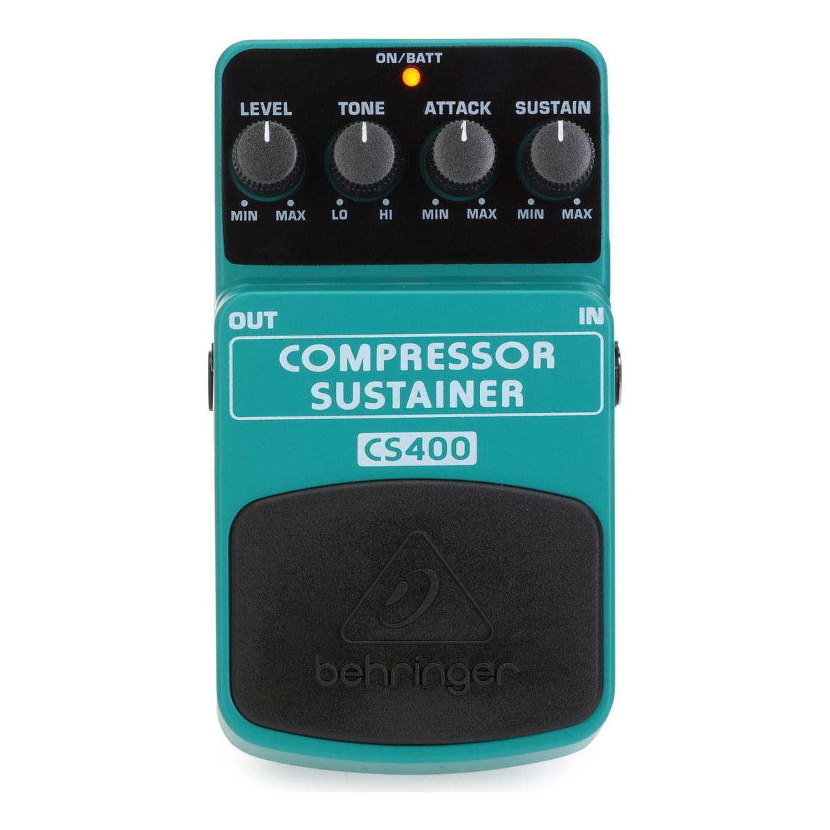 Behringer CS400 chụp thật mặt trên: bốn núm LEVEL, TONE, ATTACK, SUSTAIN và đèn ON/BATT