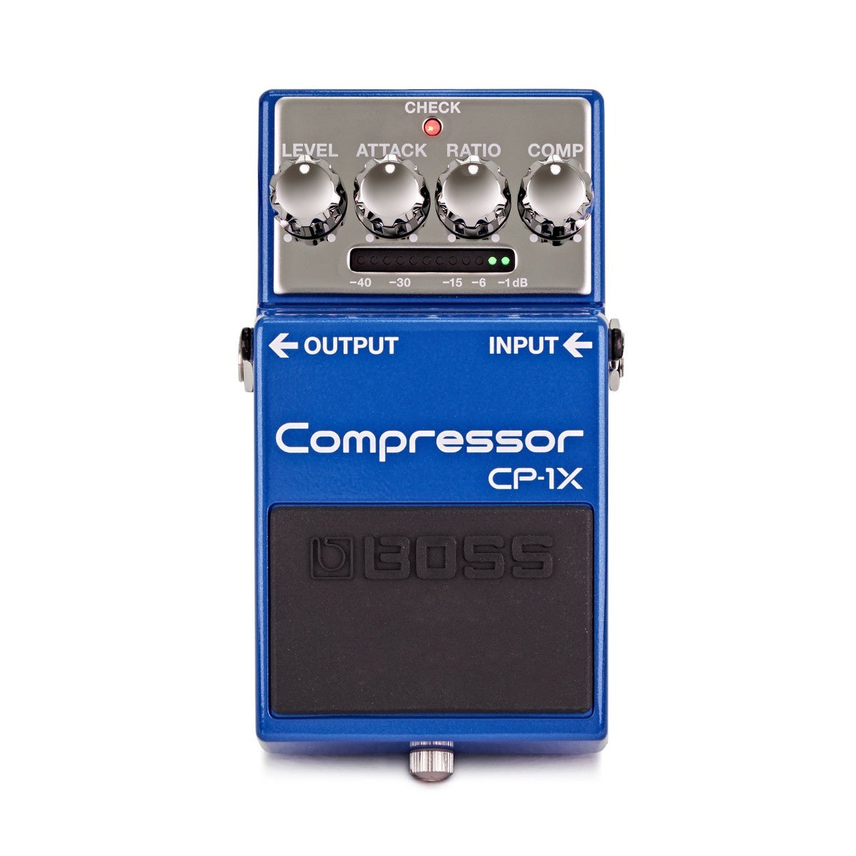Phơ Compressor BOSS CP-1X – mặt trên với 4 núm LEVEL, ATTACK, RATIO, COMP và đèn báo mức nén