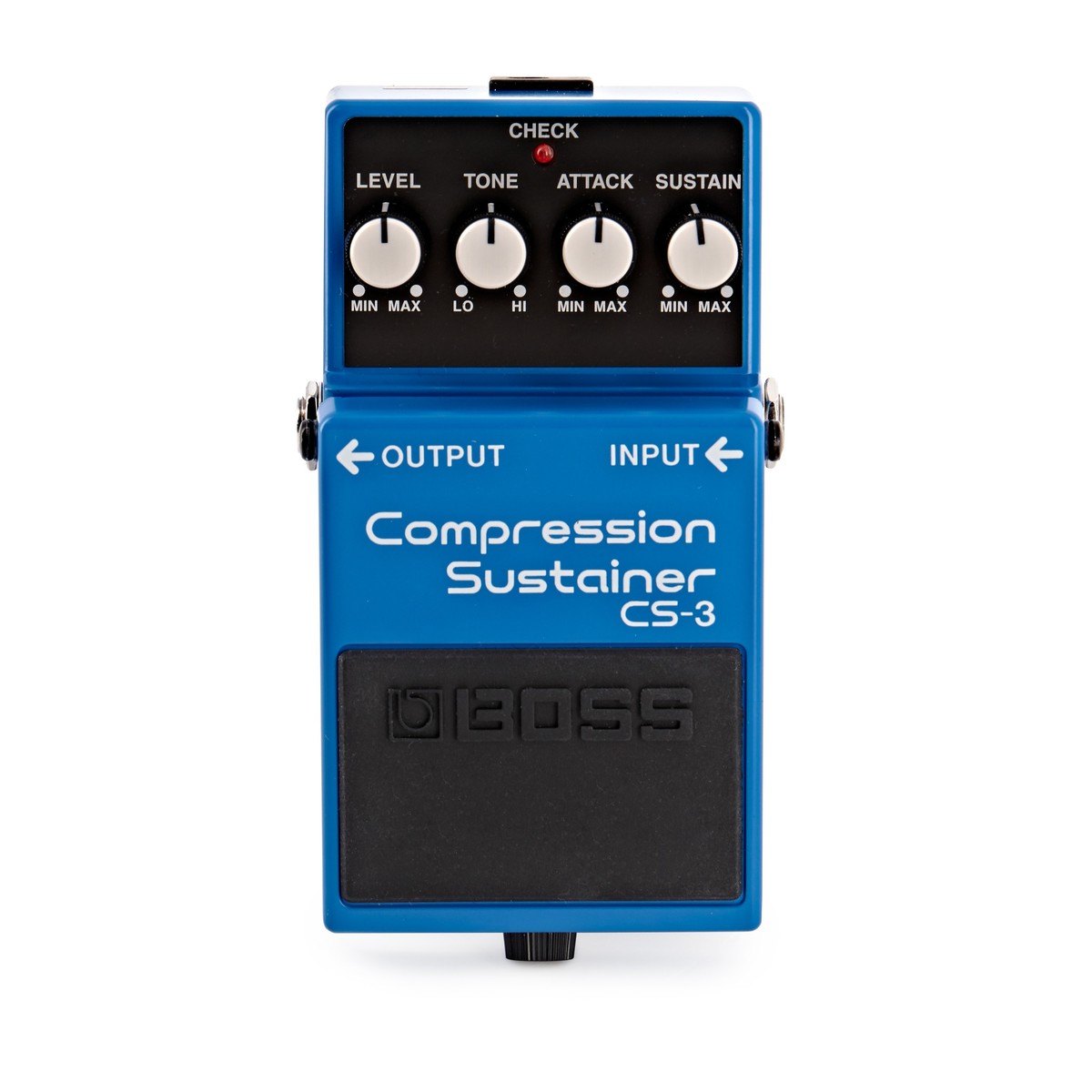 Phơ Compressor BOSS CS-3 Compression Sustainer – mặt trên với 4 núm LEVEL, TONE, ATTACK, SUSTAIN và đèn CHECK
