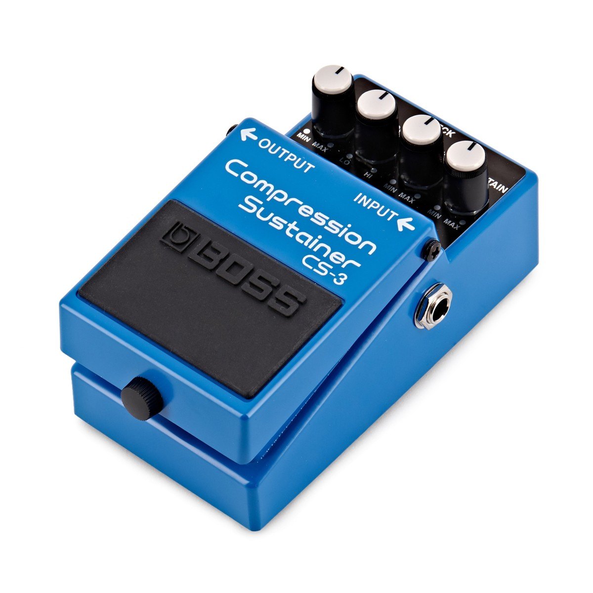 Phơ Compressor BOSS CS-3 Compression Sustainer – nhìn nghiêng 3/4 bên phải, thấy jack INPUT và footswitch