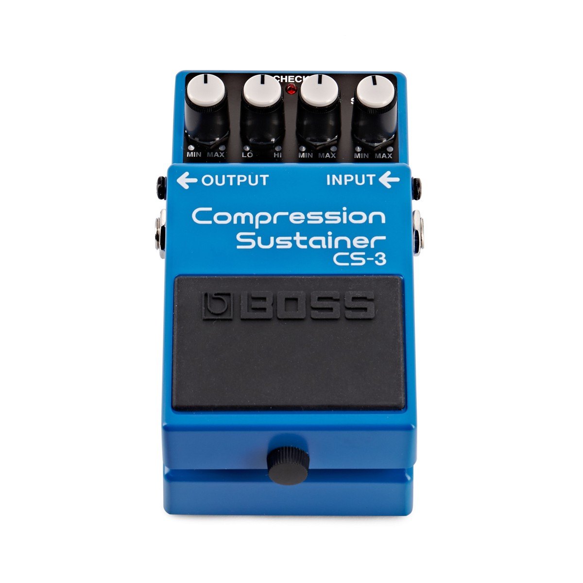 Phơ Compressor BOSS CS-3 Compression Sustainer – nhìn chính diện từ phía footswitch, chữ Compression Sustainer