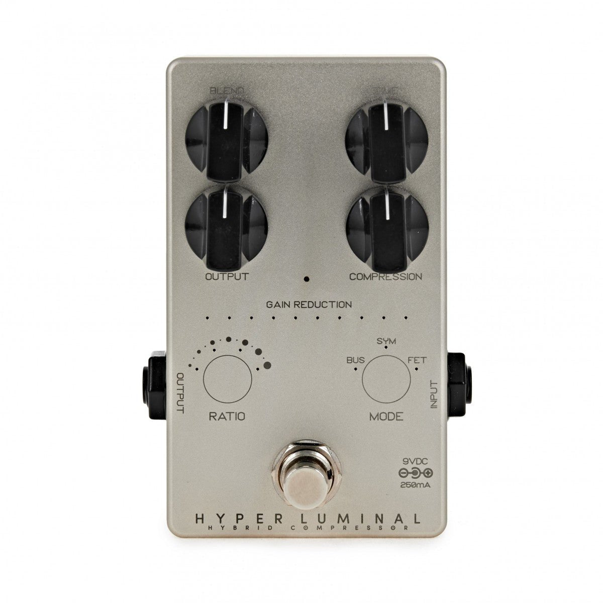 Phơ Compressor Darkglass Hyper Luminal – mặt trên với núm OUTPUT, COMPRESSION, RATIO và chọn MODE BUS/SYM/FET