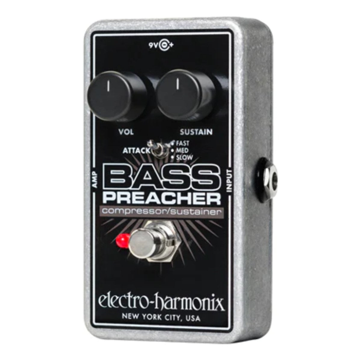 Phơ Compressor Electro-Harmonix Bass Preacher – Mặt trên Bass Preacher với núm VOL, SUSTAIN và công tắc ATTACK