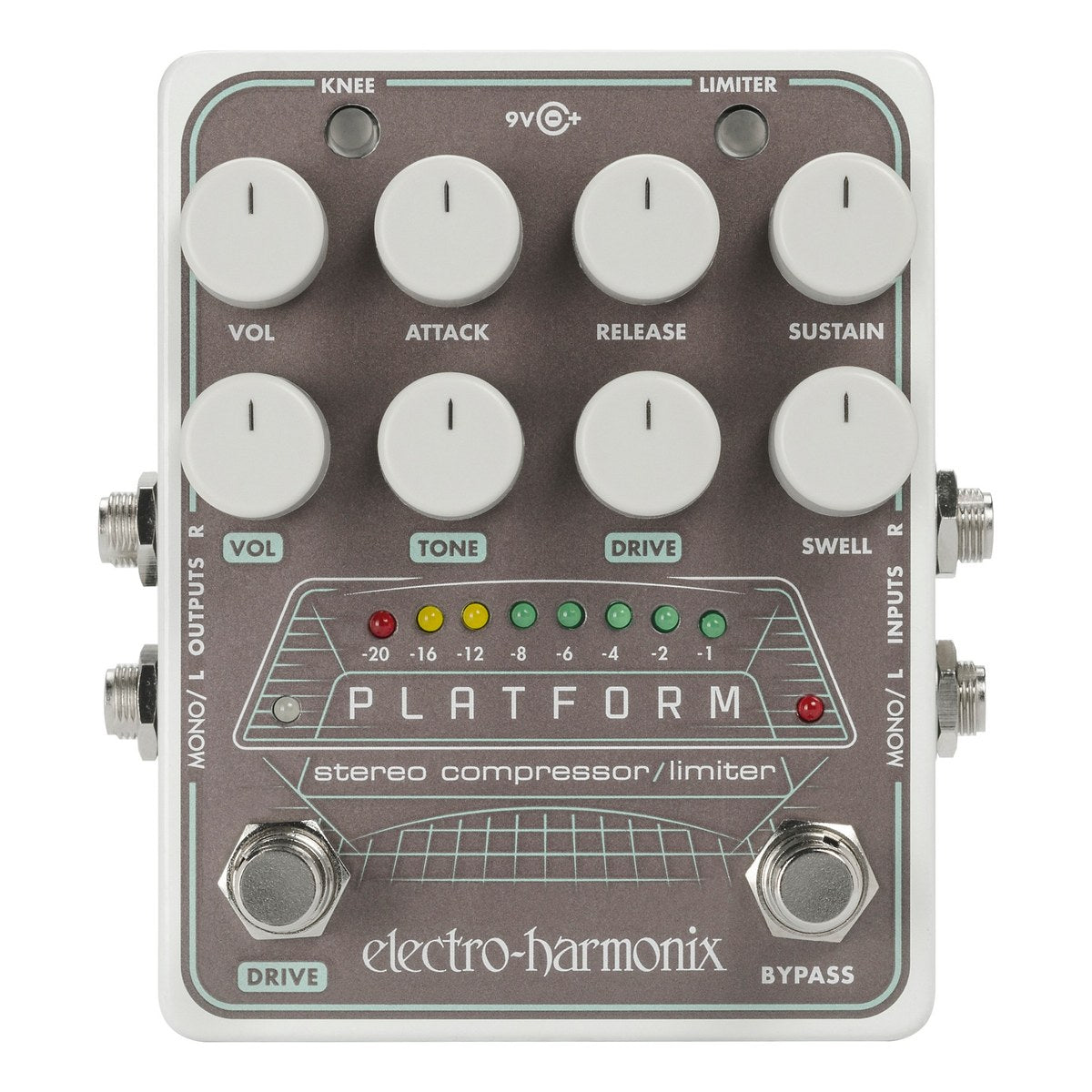 Mặt trên Electro-Harmonix Platform với 8 núm, nút KNEE, LIMITER, dãy 8 đèn báo mức nén và footswitch DRIVE, BYPASS