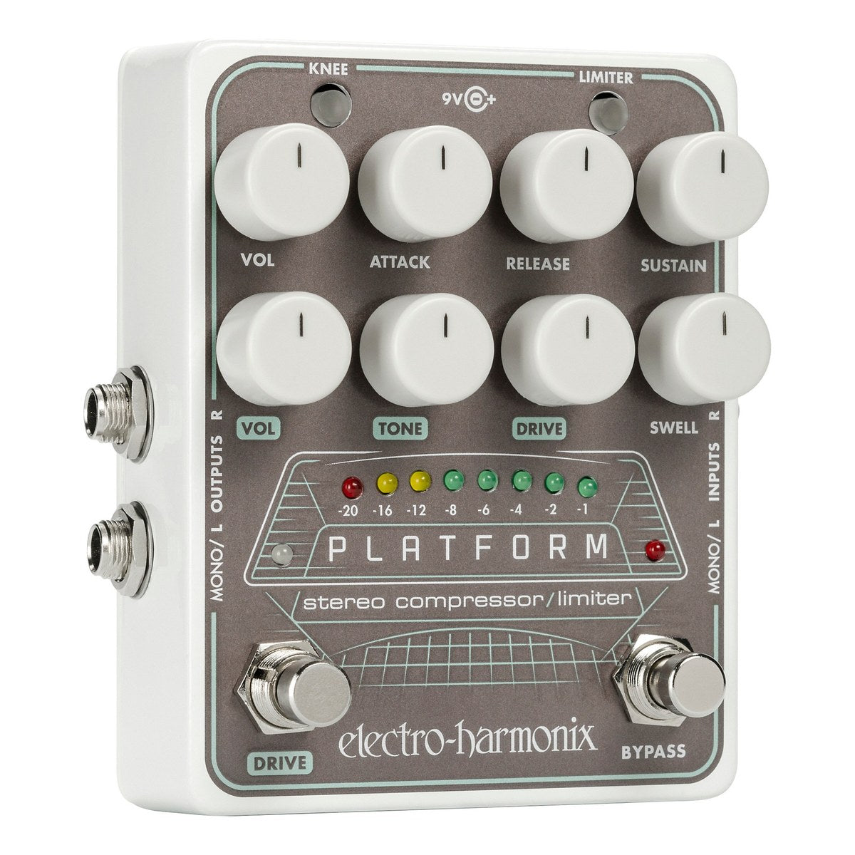 Electro-Harmonix Platform nhìn chéo từ bên trái, thấy hai jack OUTPUTS