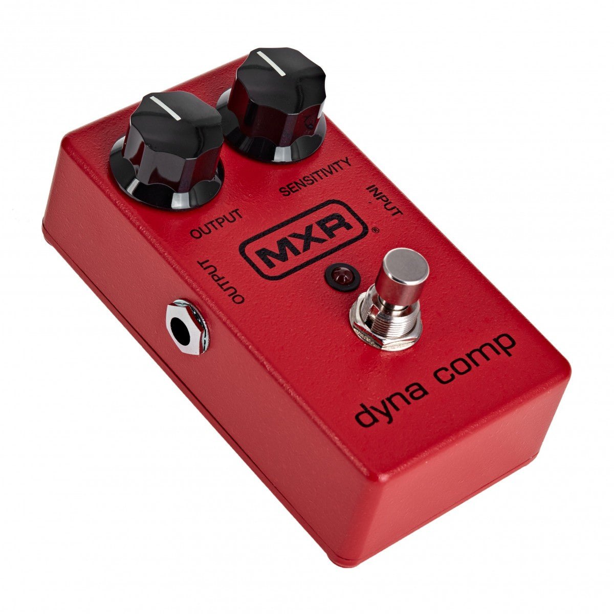 Phơ Compressor MXR M102 Dyna Comp – nhìn nghiêng bên trái, thấy cổng OUTPUT và vỏ sơn đỏ đặc trưng