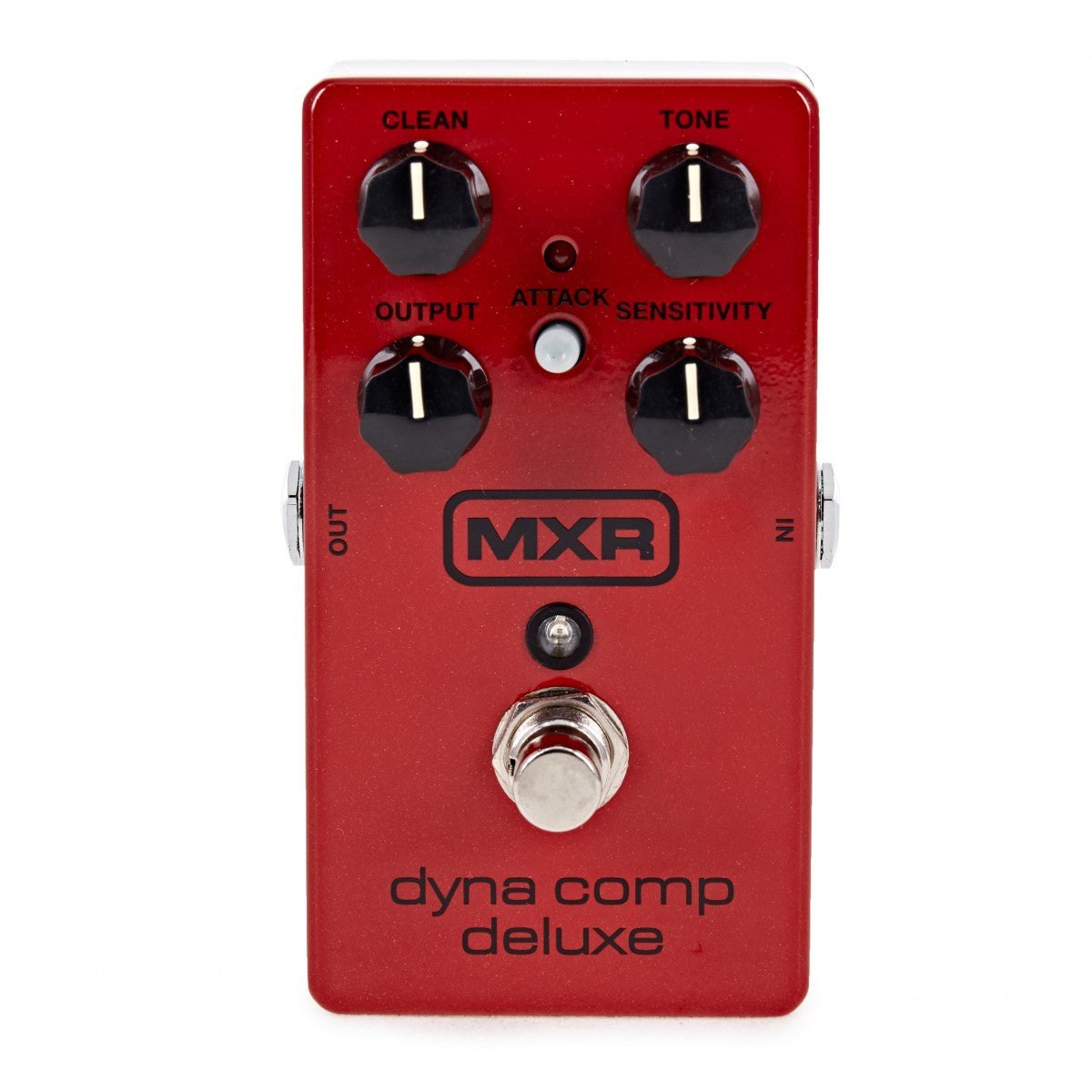 Phơ Compressor MXR M228 Dyna Comp Deluxe – mặt trên với 4 núm CLEAN, TONE, OUTPUT, SENSITIVITY và nút ATTACK