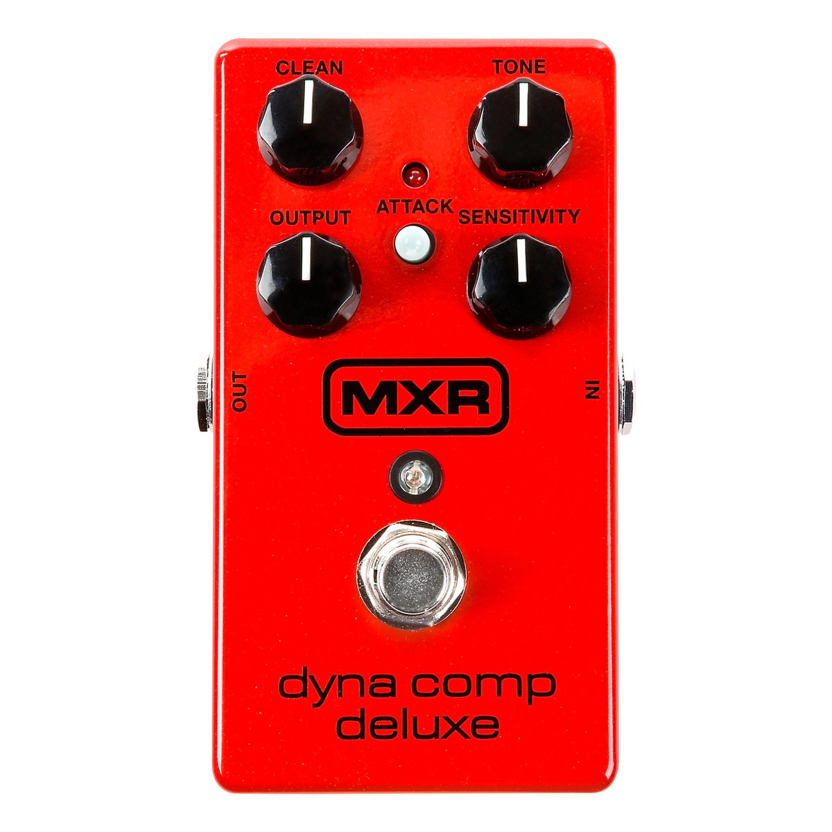 chính diện mặt trên MXR M228 Dyna Comp Deluxe vỏ đỏ, 4 núm CLEAN, TONE, OUTPUT, SENSITIVITY và nút ATTACK